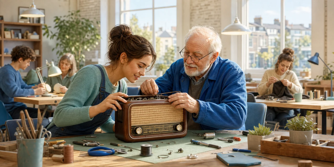 Mladá žena a starší dobrovoľník spoločne opravujú staré rádio v komunitnej opravárenskej kaviarni.