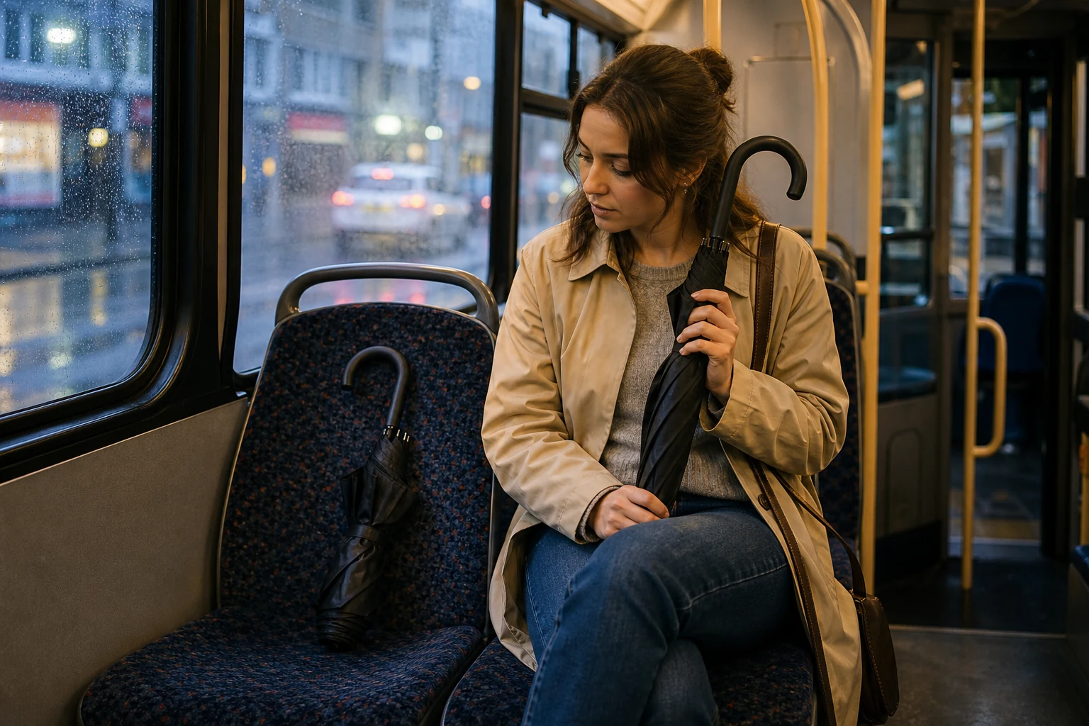 Mladá žena v daždivom večernom autobuse drží čierny dáždnik a pozerá na druhý podobný dáždnik na vedľajšom sedadle.