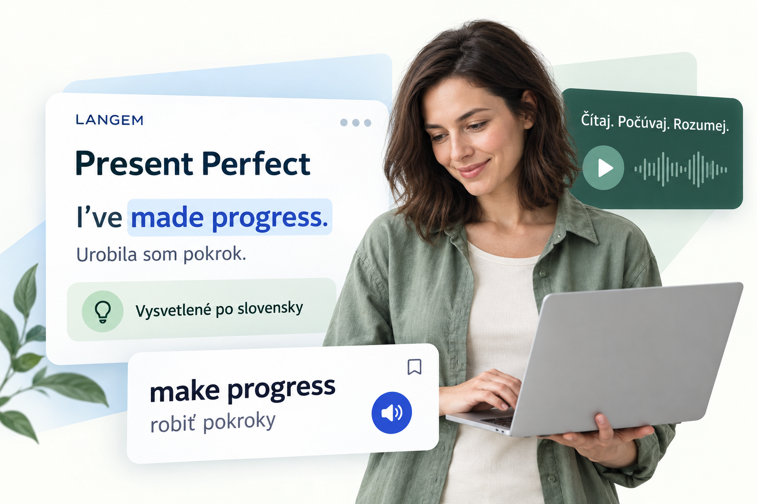 Študentka s notebookom obklopená lekciou Present Perfect, slovníkovou kartou a počúvaním príbehov.